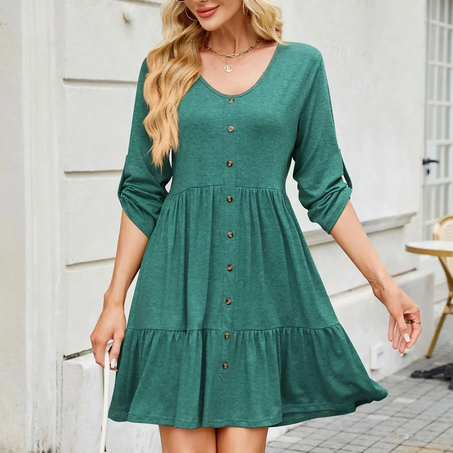 Womens 3/4 Ruffle Sleeve Mini Dress 2025 Spring Swing V Neck Vacation Beach Dresses Cute Babydoll Short Sundress