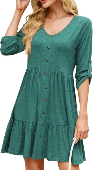 Womens 3/4 Ruffle Sleeve Mini Dress 2025 Spring Swing V Neck Vacation Beach Dresses Cute Babydoll Short Sundress