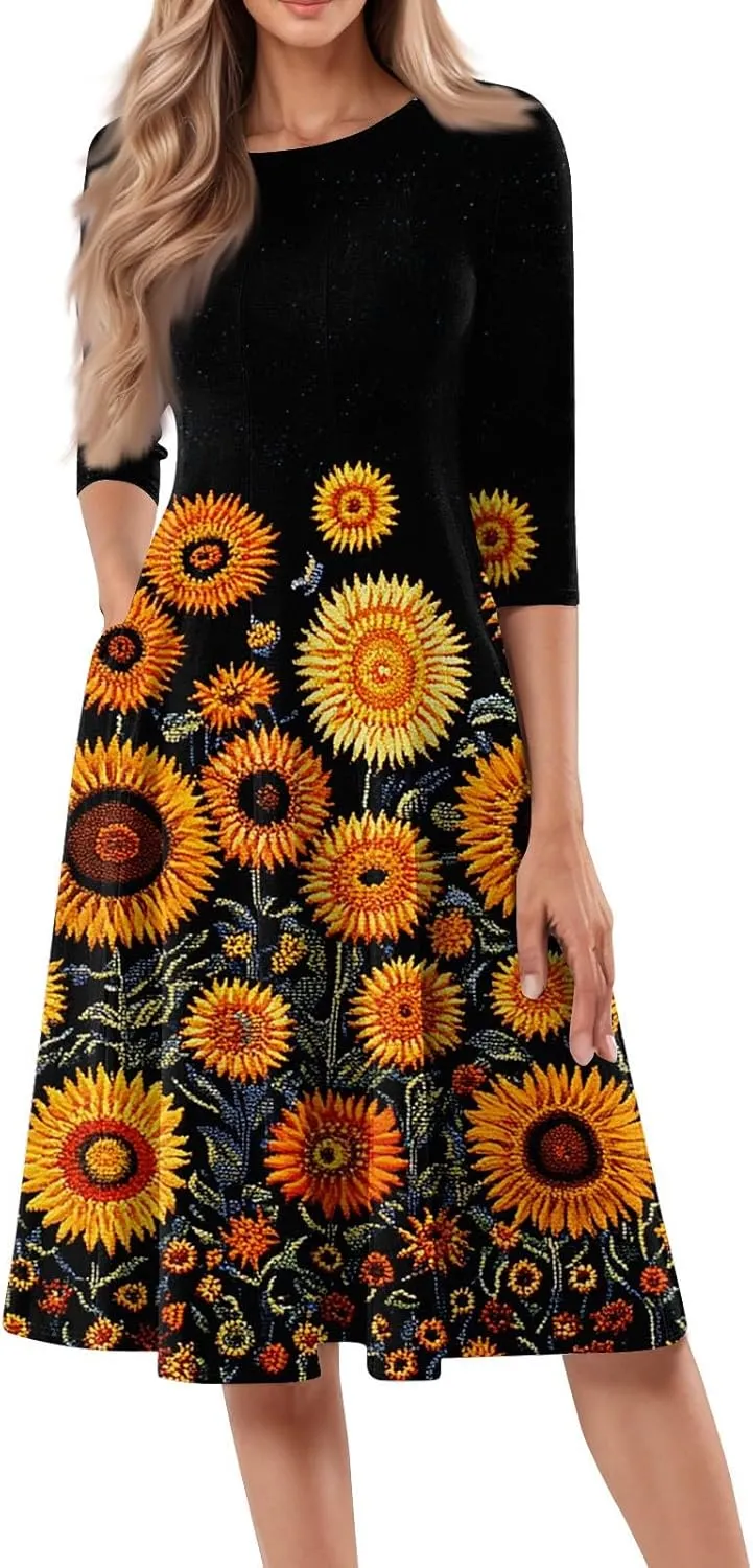 Women's 3/4 Sleeve Maxi Dresses Casual Work Swing Dress with Pockets Trendy Floral Print Shift Dress