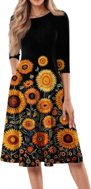 Women's 3/4 Sleeve Maxi Dresses Casual Work Swing Dress with Pockets Trendy Floral Print Shift Dress