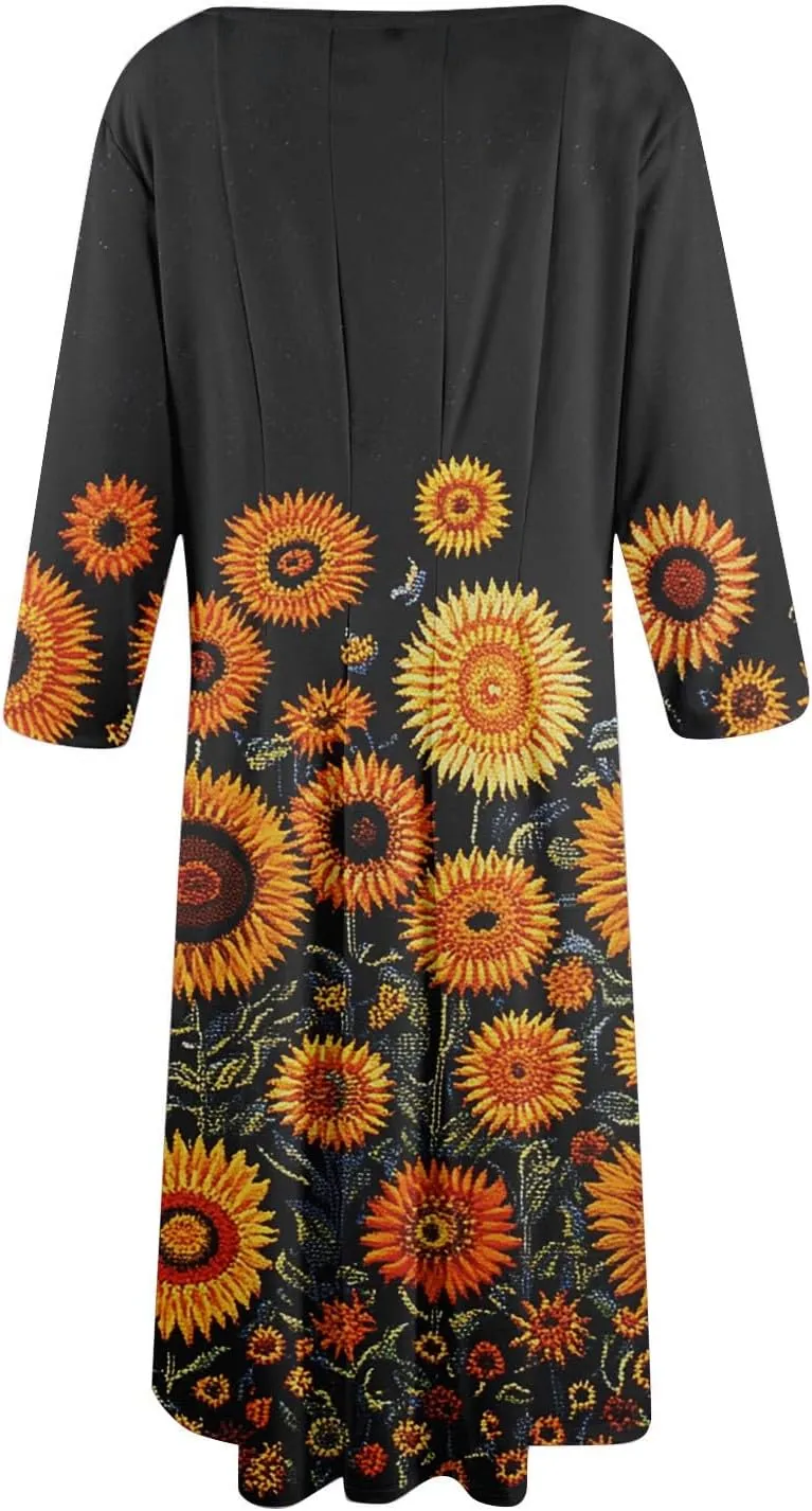 Women's 3/4 Sleeve Maxi Dresses Casual Work Swing Dress with Pockets Trendy Floral Print Shift Dress