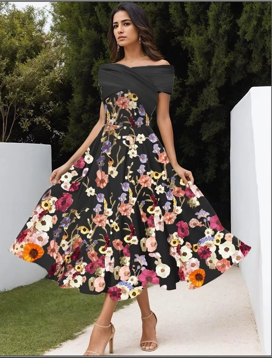 Women's 3D Floral Tulle Prom Dresses Tea Length Satin Off Shoulder Fairy Formal Evening Party Gown