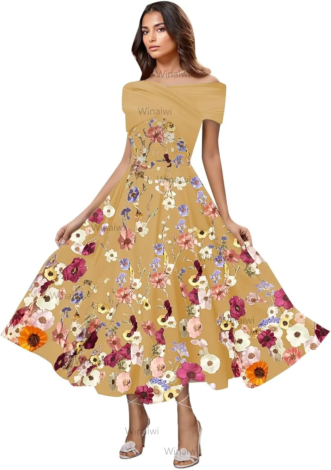 Women's 3D Floral Tulle Prom Dresses Tea Length Satin Off Shoulder Fairy Formal Evening Party Gown