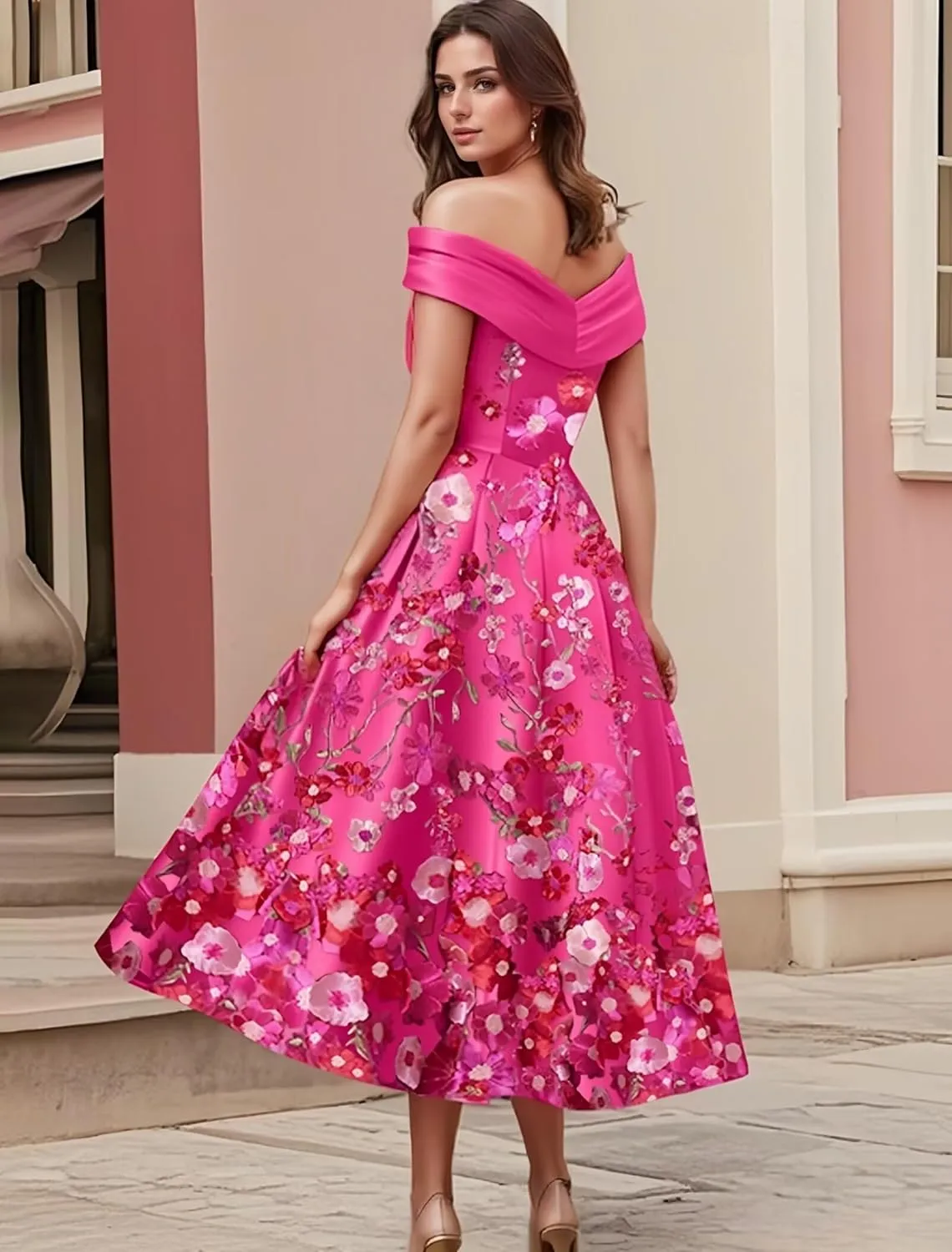 Women's 3D Floral Tulle Prom Dresses Tea Length Satin Off Shoulder Fairy Formal Evening Party Gown