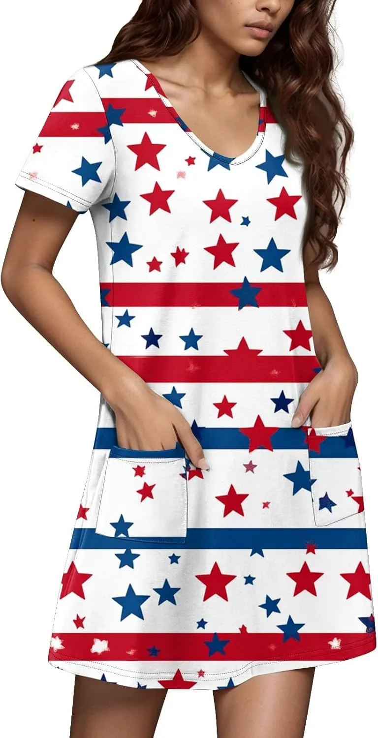 Womens 4 of July Dres V Neck Button Down Patriotic Short Sleeve Summer Midi Flag Dress for Women S,M,L,XL,XXL 34
