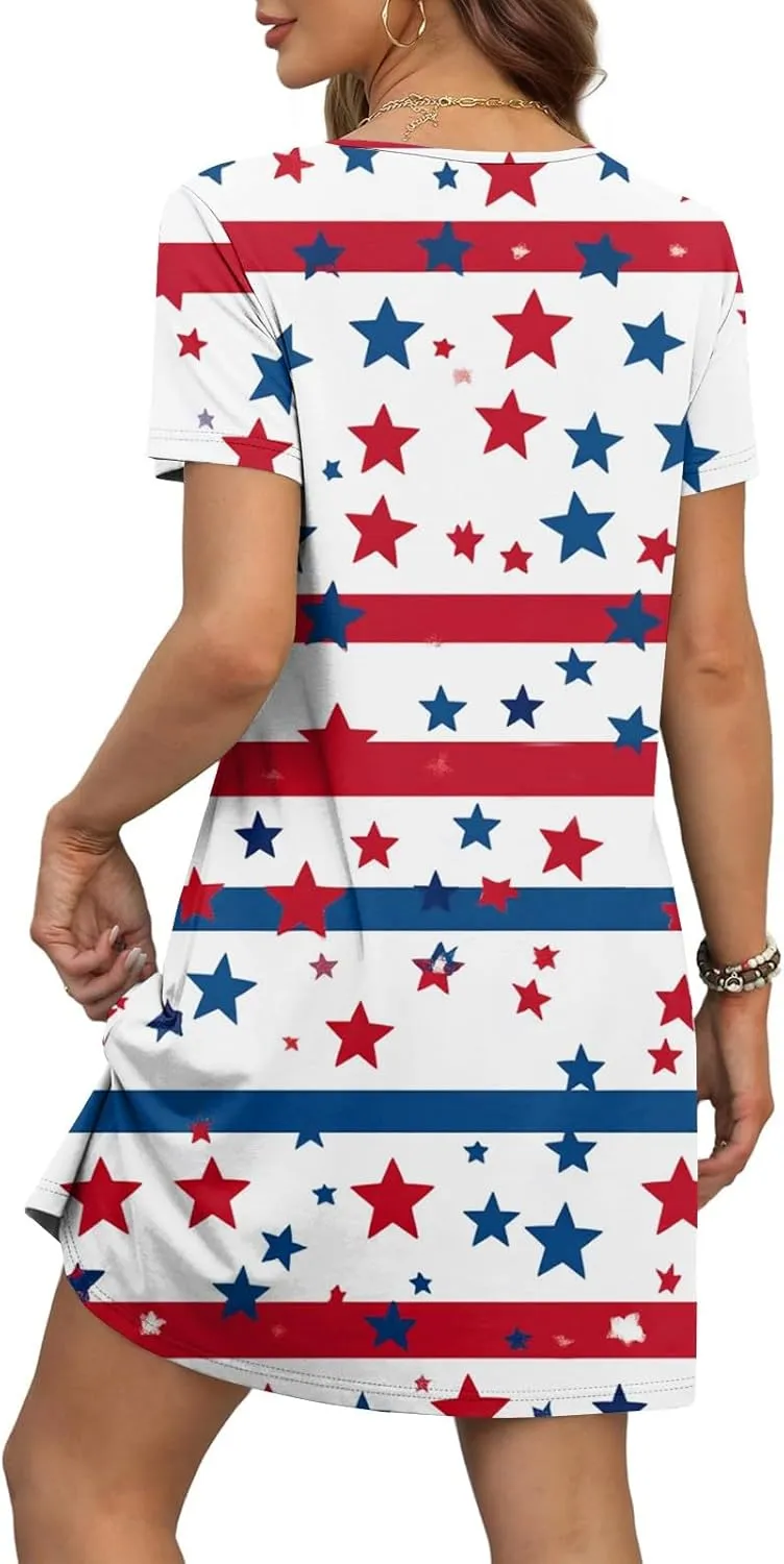 Womens 4 of July Dres V Neck Button Down Patriotic Short Sleeve Summer Midi Flag Dress for Women S,M,L,XL,XXL 34