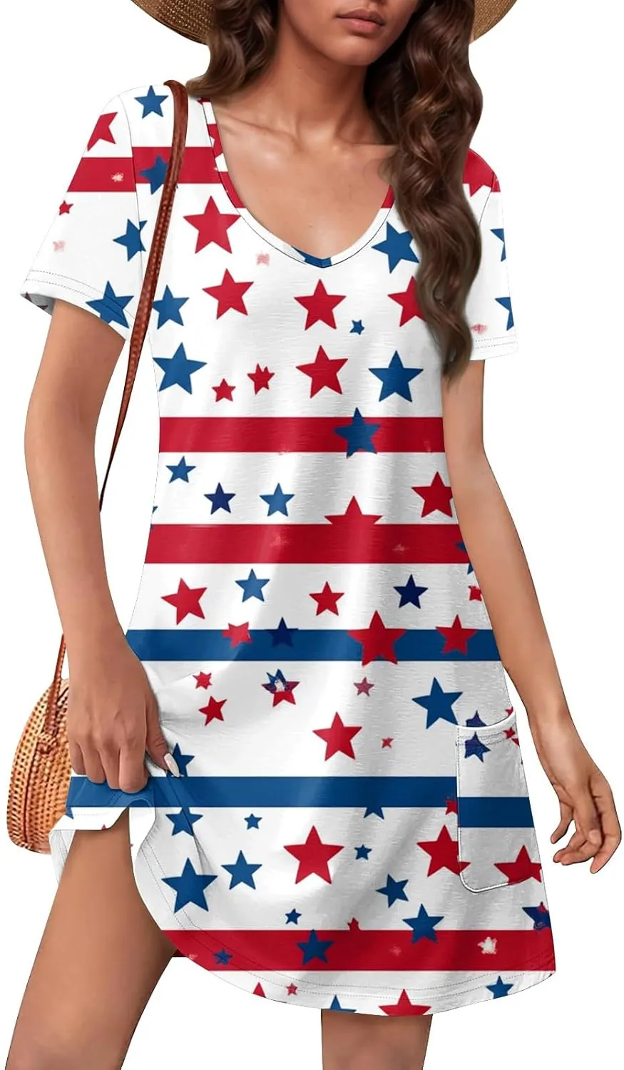 Womens 4 of July Dres V Neck Button Down Patriotic Short Sleeve Summer Midi Flag Dress for Women S,M,L,XL,XXL 34