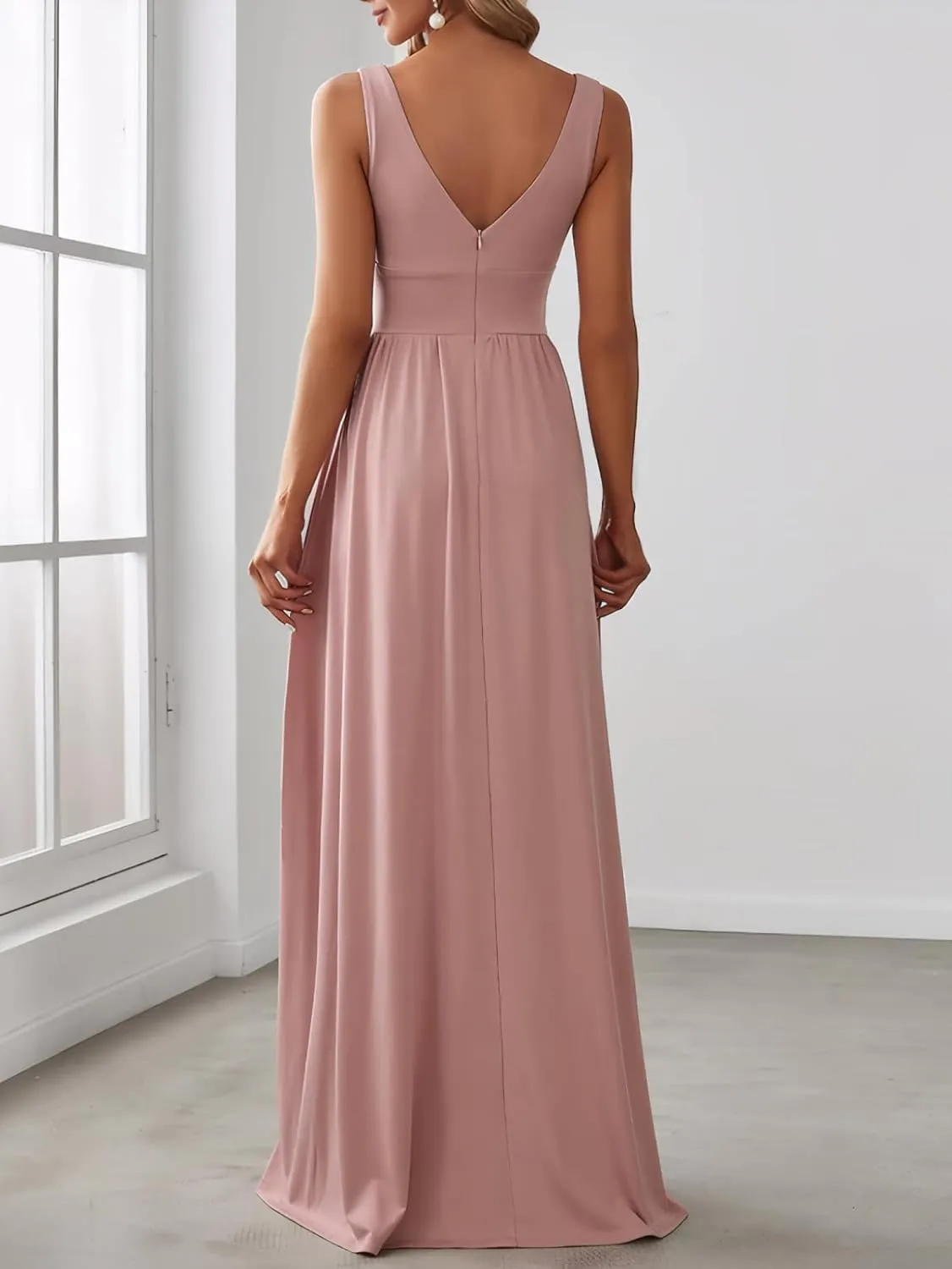 Women's A Line Chiffon Prom Dresses with Slit Deep V Neck Bridesmaid Dress Long