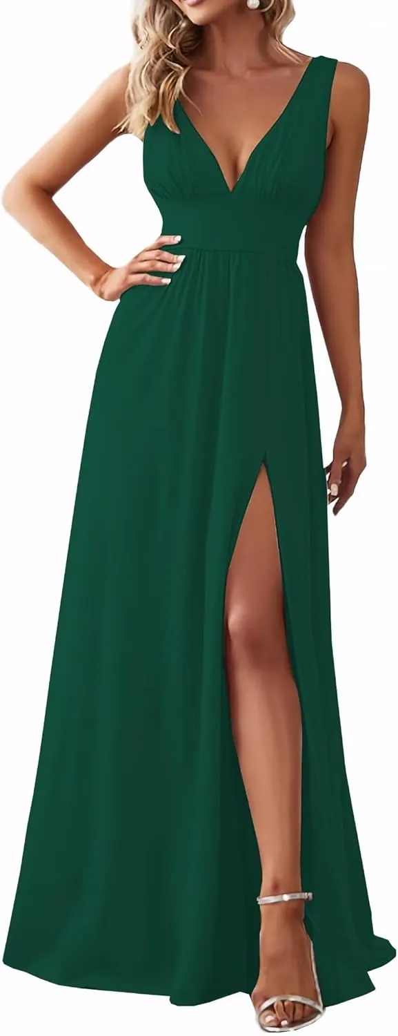 Women's A Line Chiffon Prom Dresses with Slit Deep V Neck Bridesmaid Dress Long