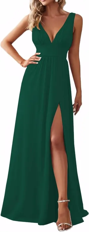 Women's A Line Chiffon Prom Dresses with Slit Deep V Neck Bridesmaid Dress Long