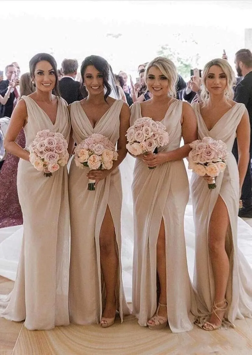 Women's A Line V Neck Bridesmaid Dresses for Wedding 2024 Wrap Chiffon Long Formal Dresses with Slit ZAR2376