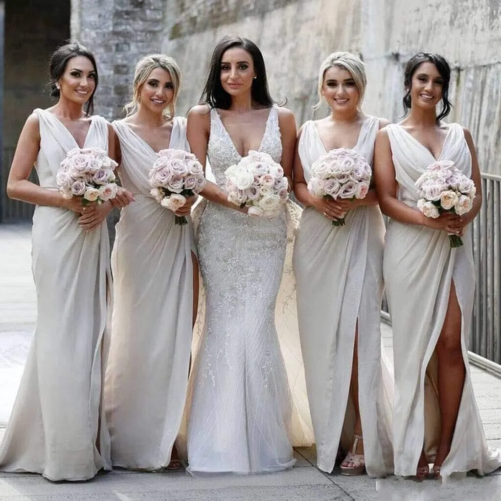 Women's A Line V Neck Bridesmaid Dresses for Wedding 2024 Wrap Chiffon Long Formal Dresses with Slit ZAR2376