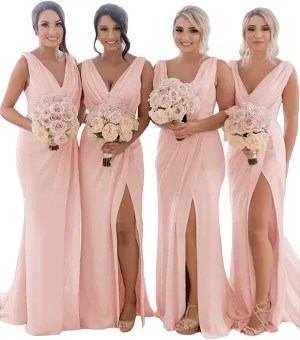 Women's A Line V Neck Bridesmaid Dresses for Wedding 2024 Wrap Chiffon Long Formal Dresses with Slit ZAR2376