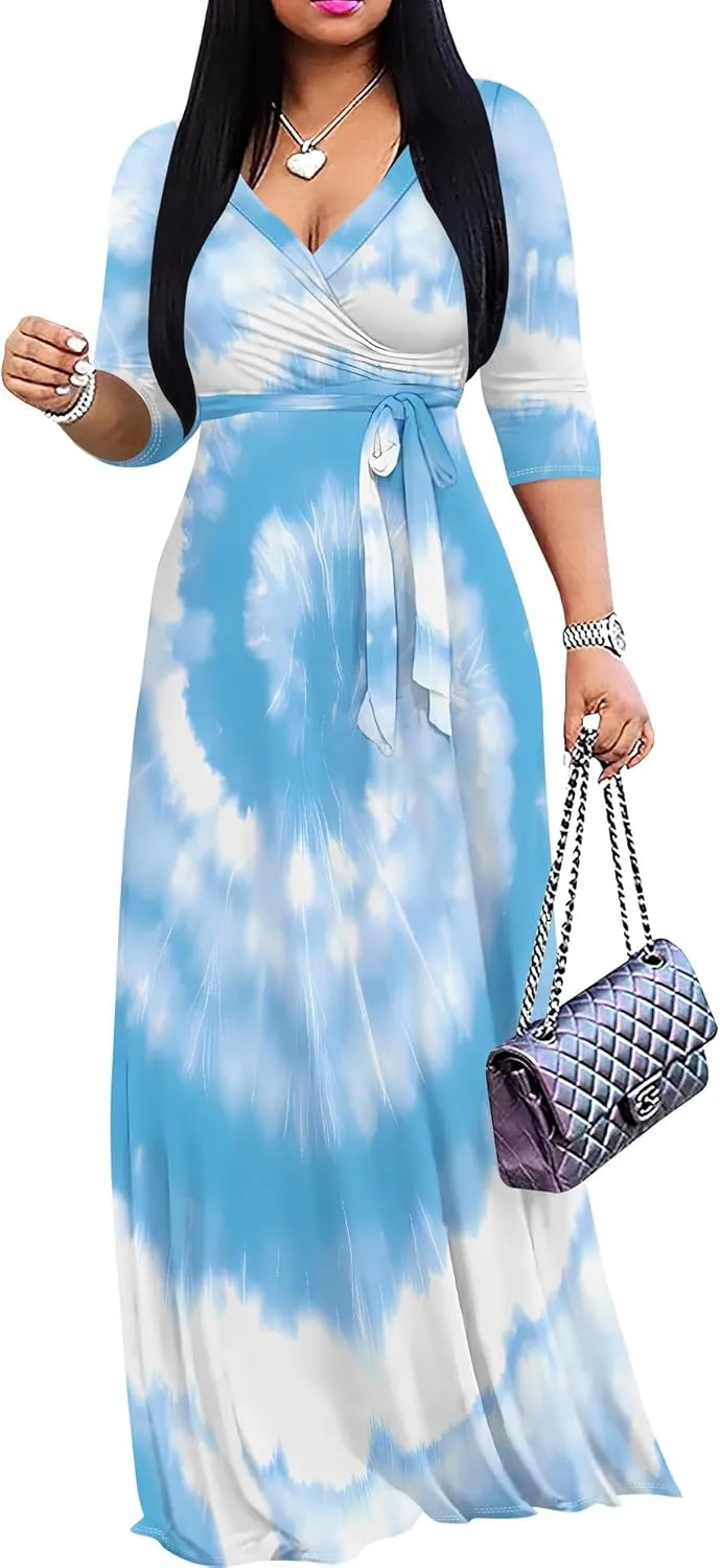 Women's Abstract V-Neck Maxi Dress Flowy 3/4 Sleeve Dress Spring Casual Beach Sundress with Belt