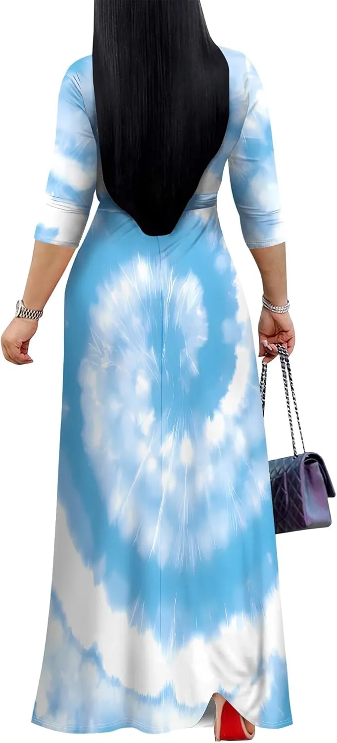 Women's Abstract V-Neck Maxi Dress Flowy 3/4 Sleeve Dress Spring Casual Beach Sundress with Belt