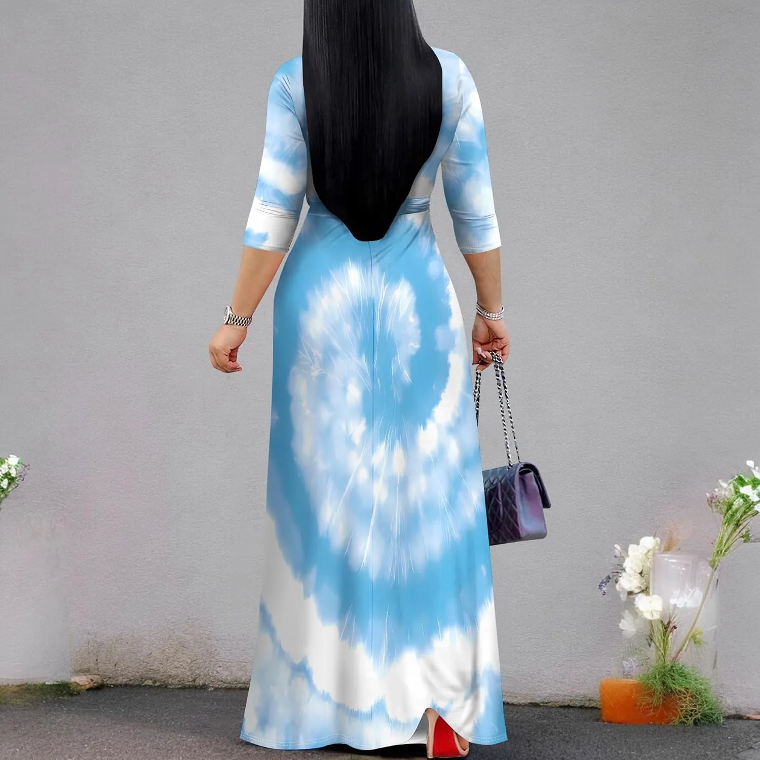 Women's Abstract V-Neck Maxi Dress Flowy 3/4 Sleeve Dress Spring Casual Beach Sundress with Belt
