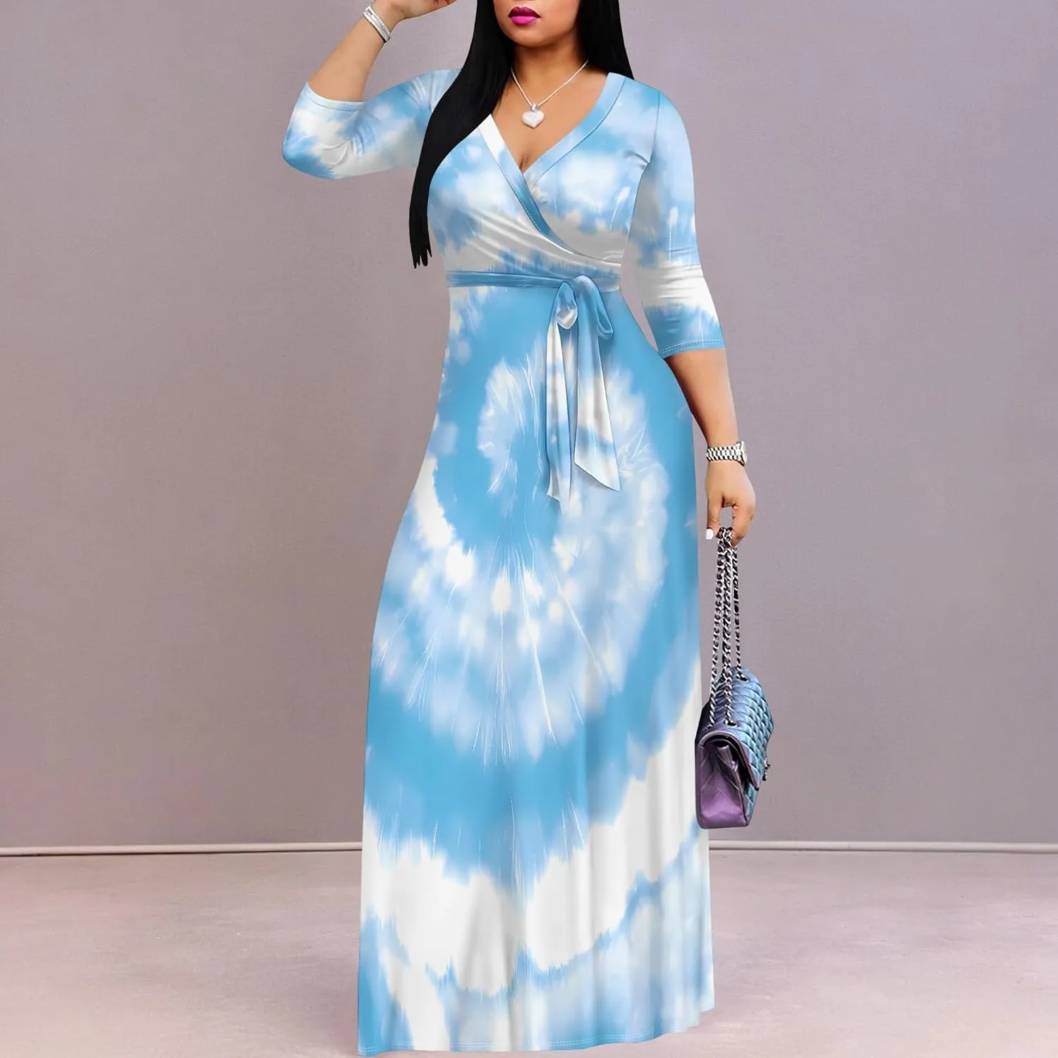 Women's Abstract V-Neck Maxi Dress Flowy 3/4 Sleeve Dress Spring Casual Beach Sundress with Belt