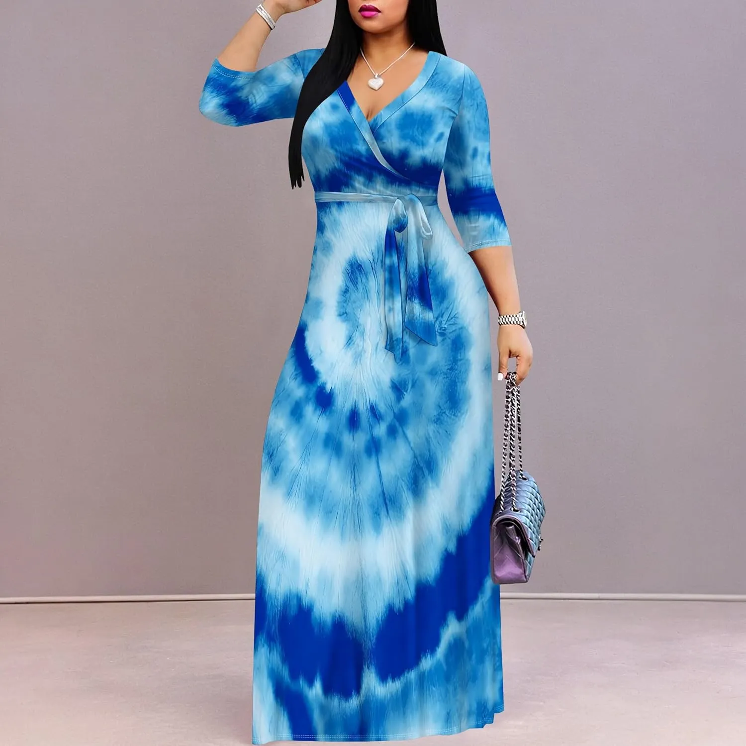 Women's Abstract V-Neck Maxi Dress Flowy 3/4 Sleeve Dress Spring Casual Beach Sundress with Belt