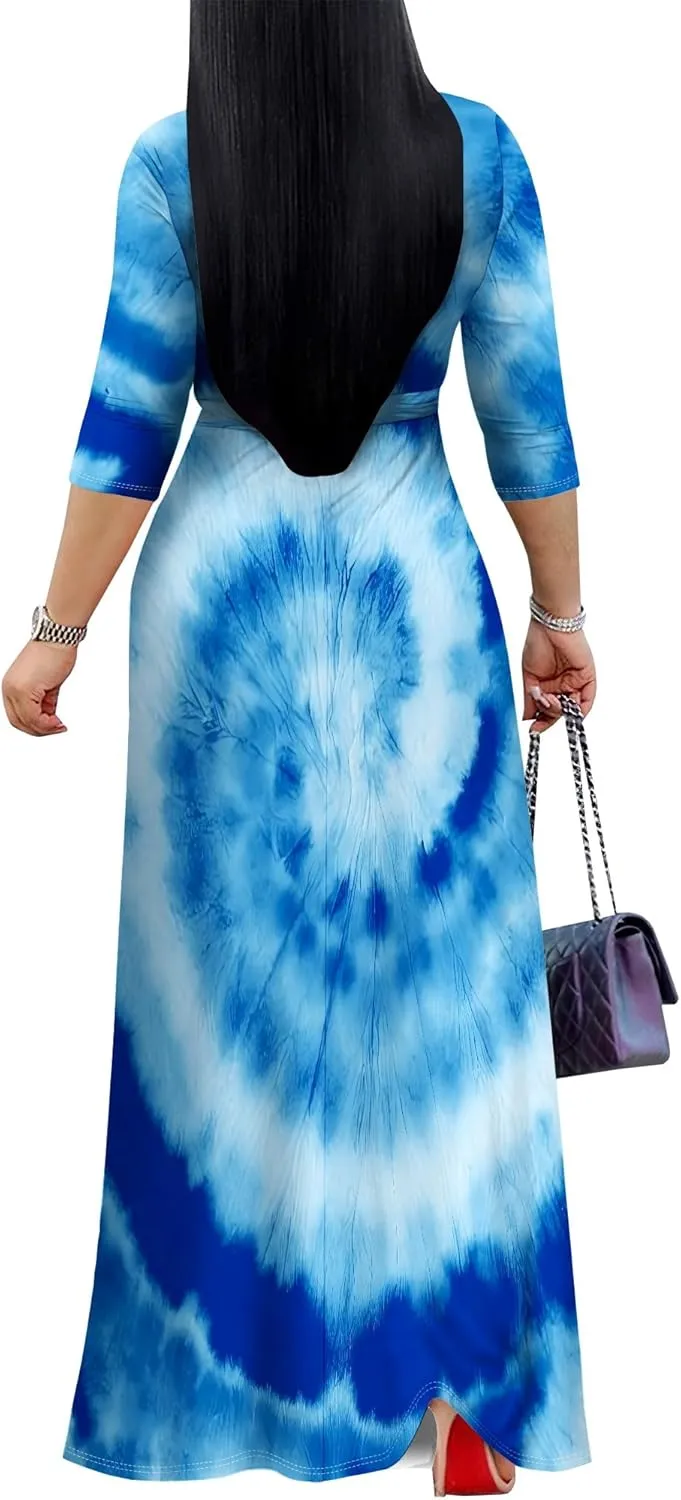 Women's Abstract V-Neck Maxi Dress Flowy 3/4 Sleeve Dress Spring Casual Beach Sundress with Belt