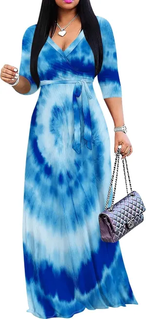 Women's Abstract V-Neck Maxi Dress Flowy 3/4 Sleeve Dress Spring Casual Beach Sundress with Belt