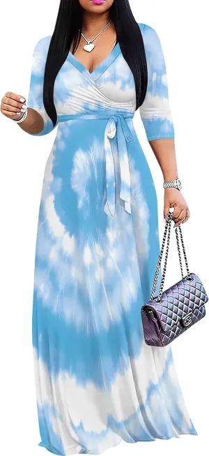 Women's Abstract V-Neck Maxi Dress Flowy 3/4 Sleeve Dress Spring Casual Beach Sundress with Belt