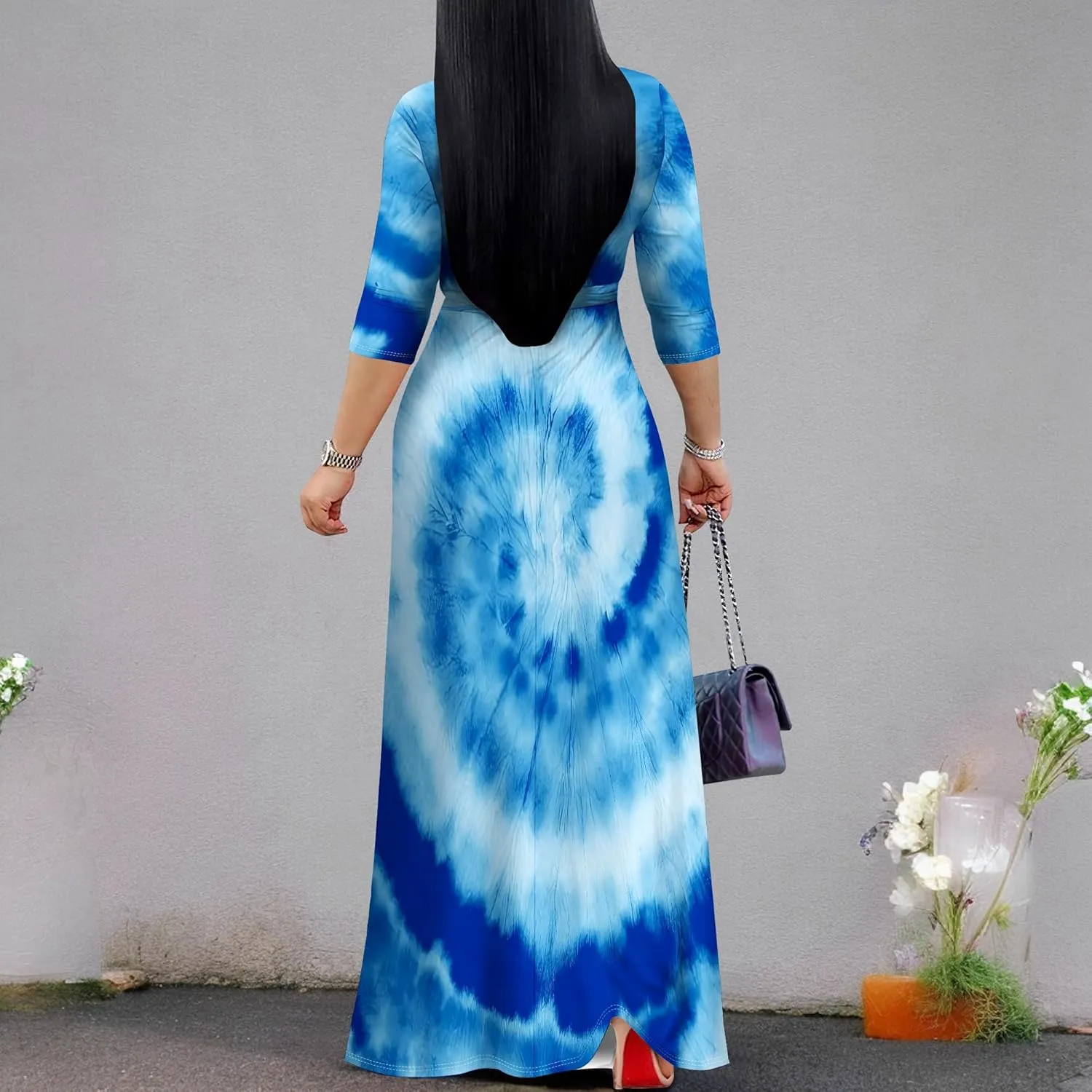 Women's Abstract V-Neck Maxi Dress Flowy 3/4 Sleeve Dress Spring Casual Beach Sundress with Belt