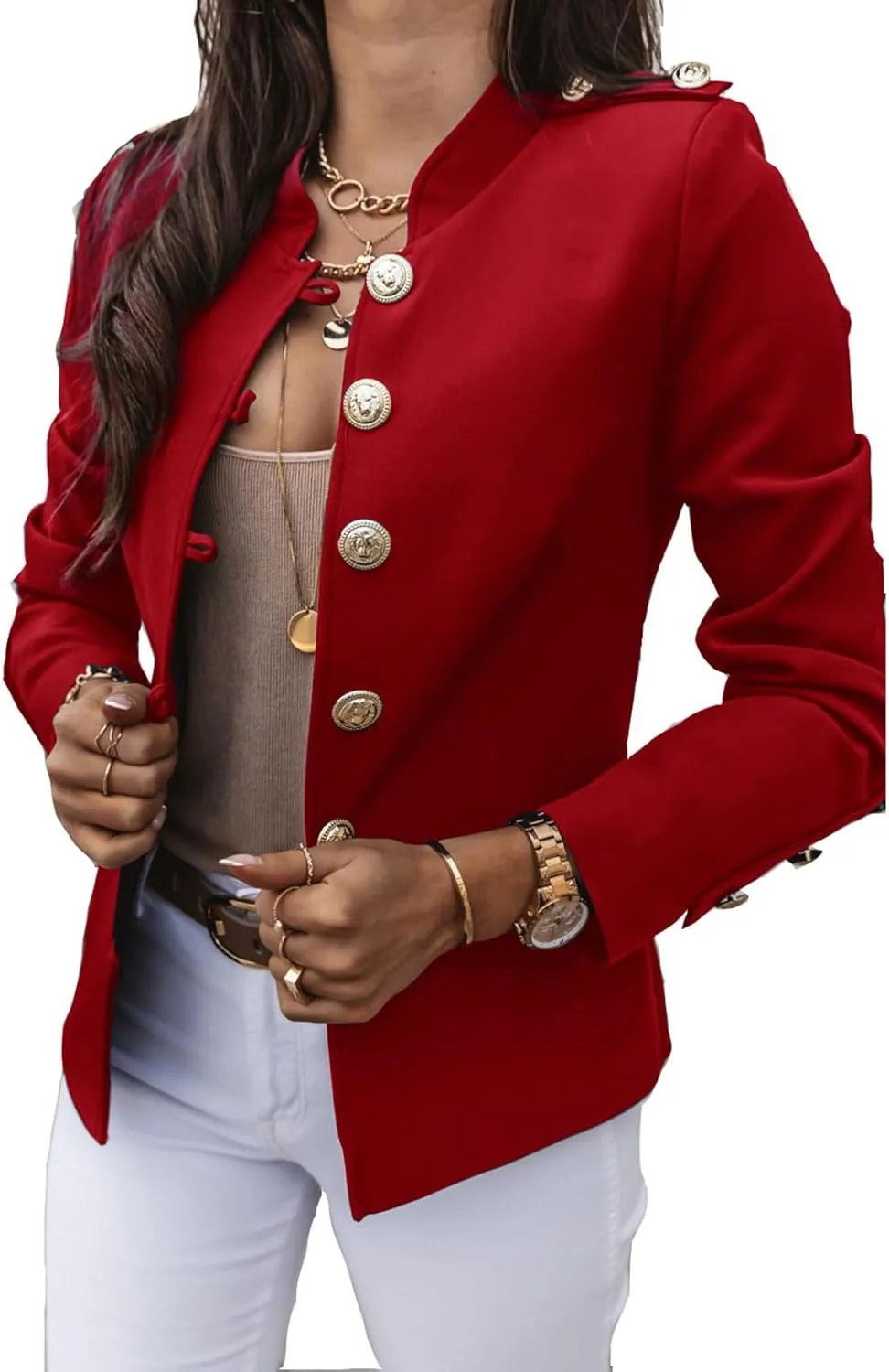 Womens Blazer Coat Single Breasted Slim Fit Military Style Suit Jacket for Work Office Business