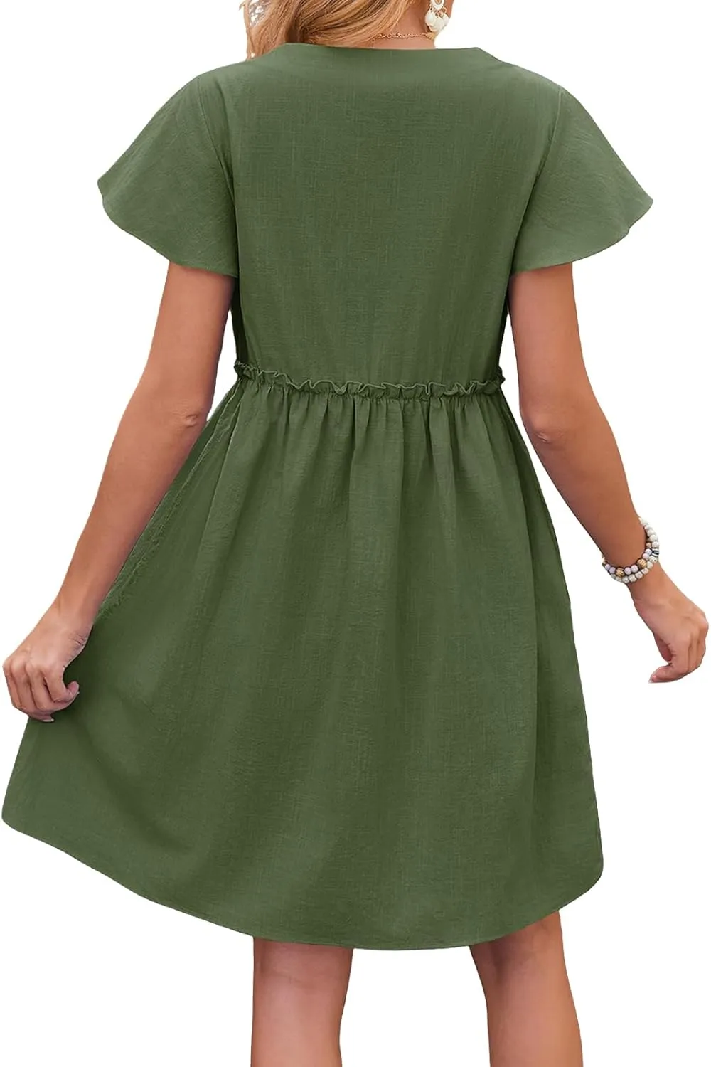 Womens Boho Dresses 2025 Button Down Summer Dresses Short Sleeve V Neck Dress Flowy Smocked Ruffle A Line Mini Dress