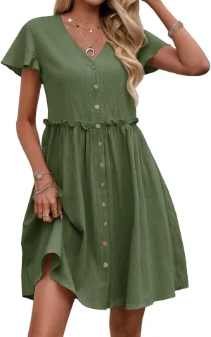 Womens Boho Dresses 2025 Button Down Summer Dresses Short Sleeve V Neck Dress Flowy Smocked Ruffle A Line Mini Dress