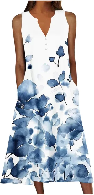 Womens Boho Floral Dresses Summer Casual Vacation Beach Dress V Neck A-Line Sundress Plus Size Long Dress with Pocket
