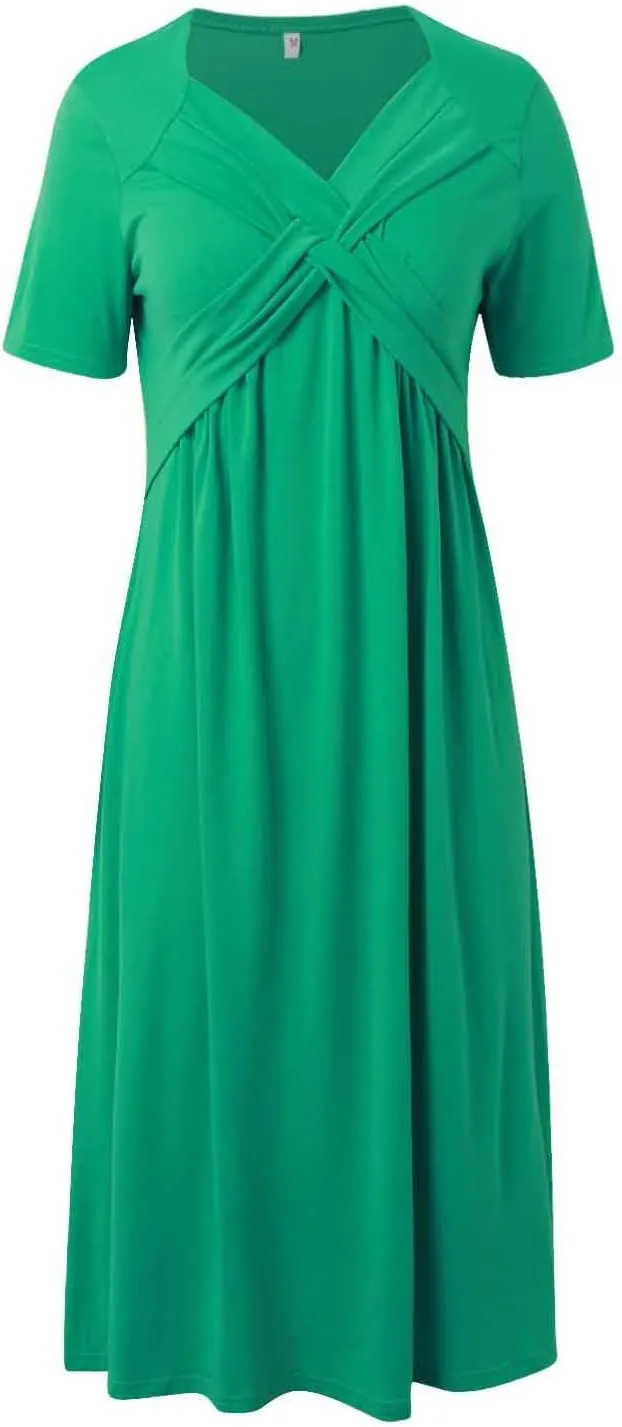 Women's Boho Floral Flowy A Line Midi Dress Casual Summer Short Sleeve Beach Vacation Dresses with Pockets