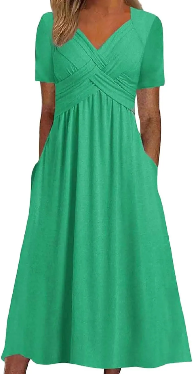 Women's Boho Floral Flowy A Line Midi Dress Casual Summer Short Sleeve Beach Vacation Dresses with Pockets