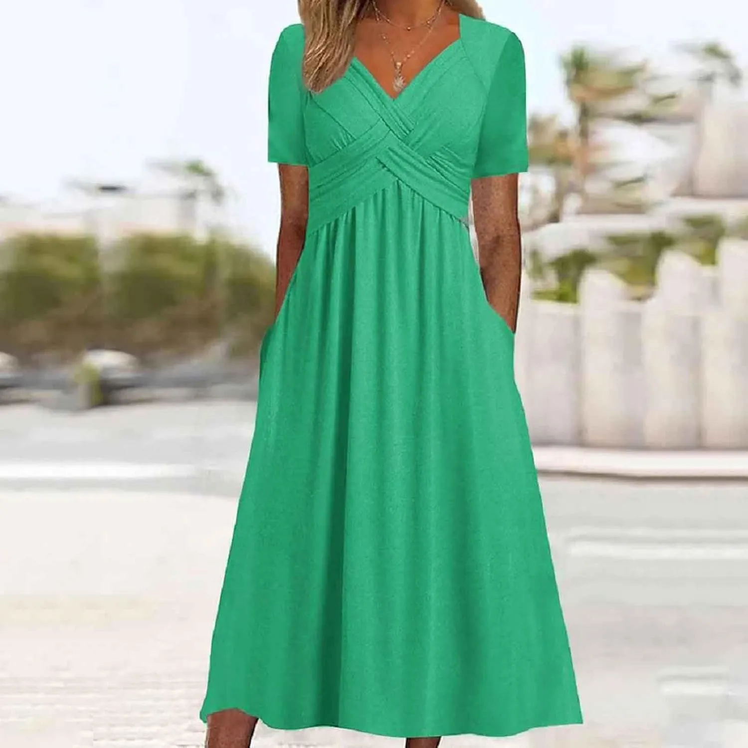 Women's Boho Floral Flowy A Line Midi Dress Casual Summer Short Sleeve Beach Vacation Dresses with Pockets