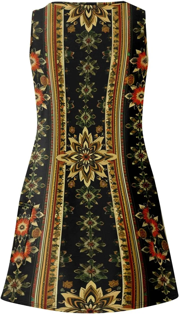 Womens Boho Printed Print Retro V Neck Sundresses Summer Beach Floral Vacation Sleeveless Tunic Dresses