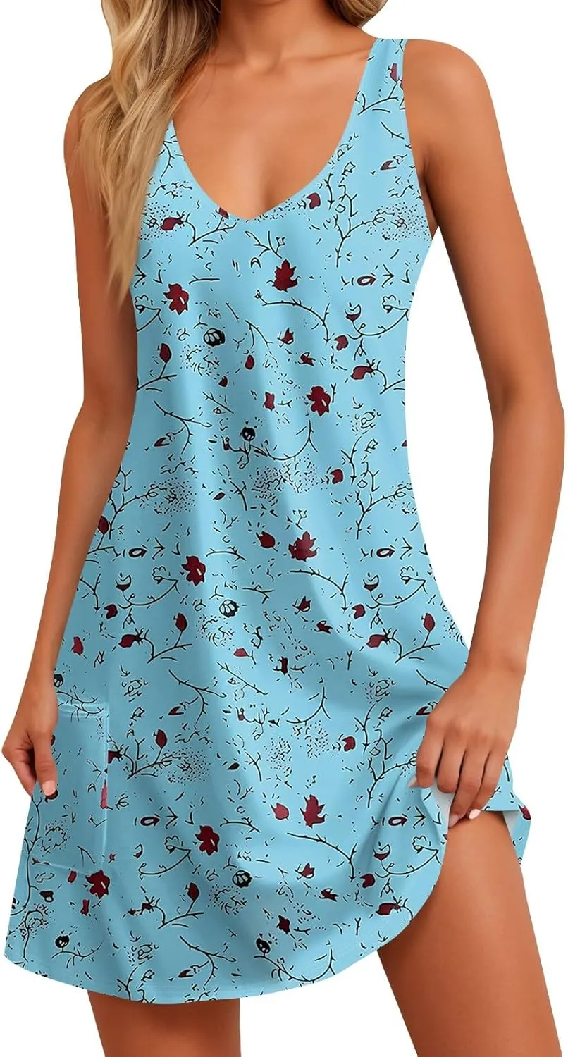 Womens Boho Printed Print Retro V Neck Sundresses Summer Beach Floral Vacation Sleeveless Tunic Dresses