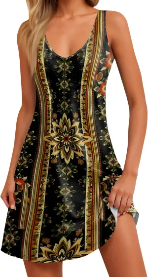 Womens Boho Printed Print Retro V Neck Sundresses Summer Beach Floral Vacation Sleeveless Tunic Dresses