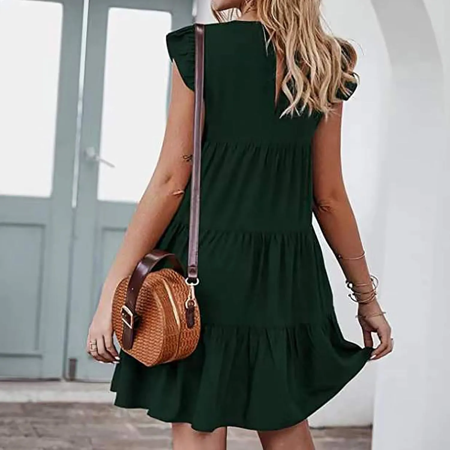 Womens Boho Solid Printed Dress Ruffle Sleeve Tiered Beach Dresses Loose Casual Flowy Swing Short Mini T-Shirt Dress