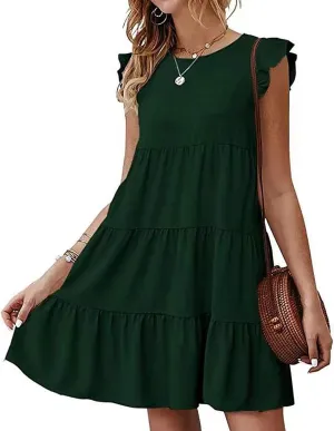 Womens Boho Solid Printed Dress Ruffle Sleeve Tiered Beach Dresses Loose Casual Flowy Swing Short Mini T-Shirt Dress