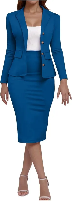 Women's Business Suit 2 Piece Long Sleeve Plus Size Skirt Suit Set Lady Blazer Office Work Slim Fit Jacket Outfit