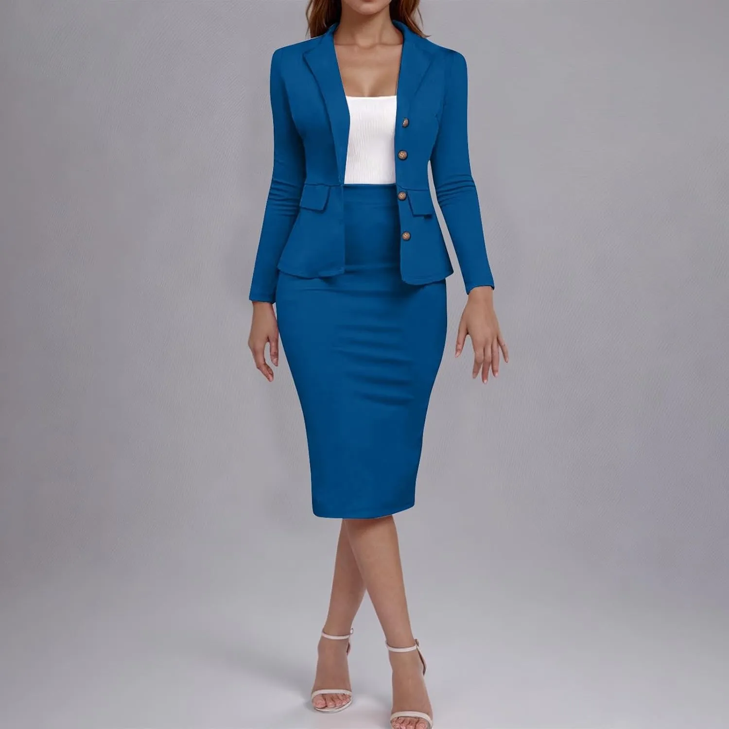 Women's Business Suit 2 Piece Long Sleeve Plus Size Skirt Suit Set Lady Blazer Office Work Slim Fit Jacket Outfit