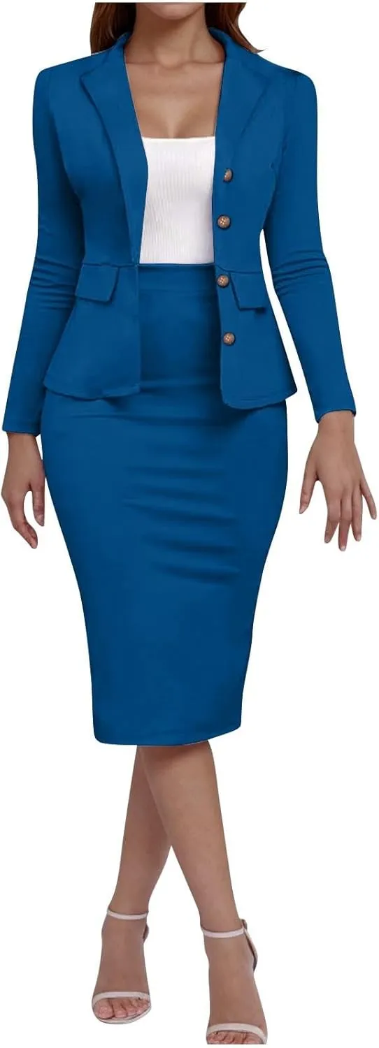 Women's Business Suit 2 Piece Long Sleeve Plus Size Skirt Suit Set Lady Blazer Office Work Slim Fit Jacket Outfit