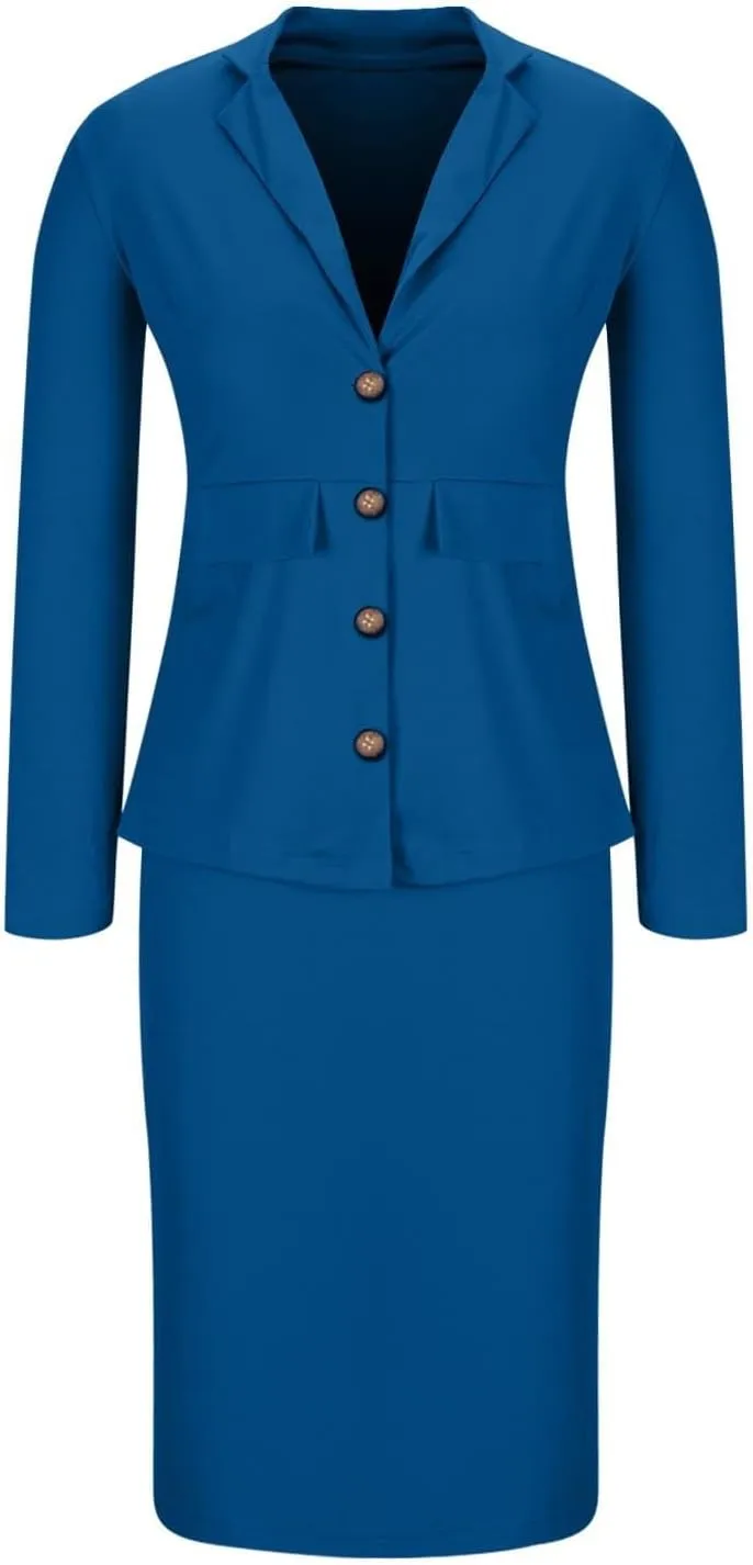 Women's Business Suit 2 Piece Long Sleeve Plus Size Skirt Suit Set Lady Blazer Office Work Slim Fit Jacket Outfit