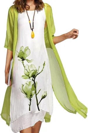 Women's Casual 2 Piece Sets Floral Printed Maxi Dress with Cardigan Set Chiffon Wedding Guest Cocktail Dresses