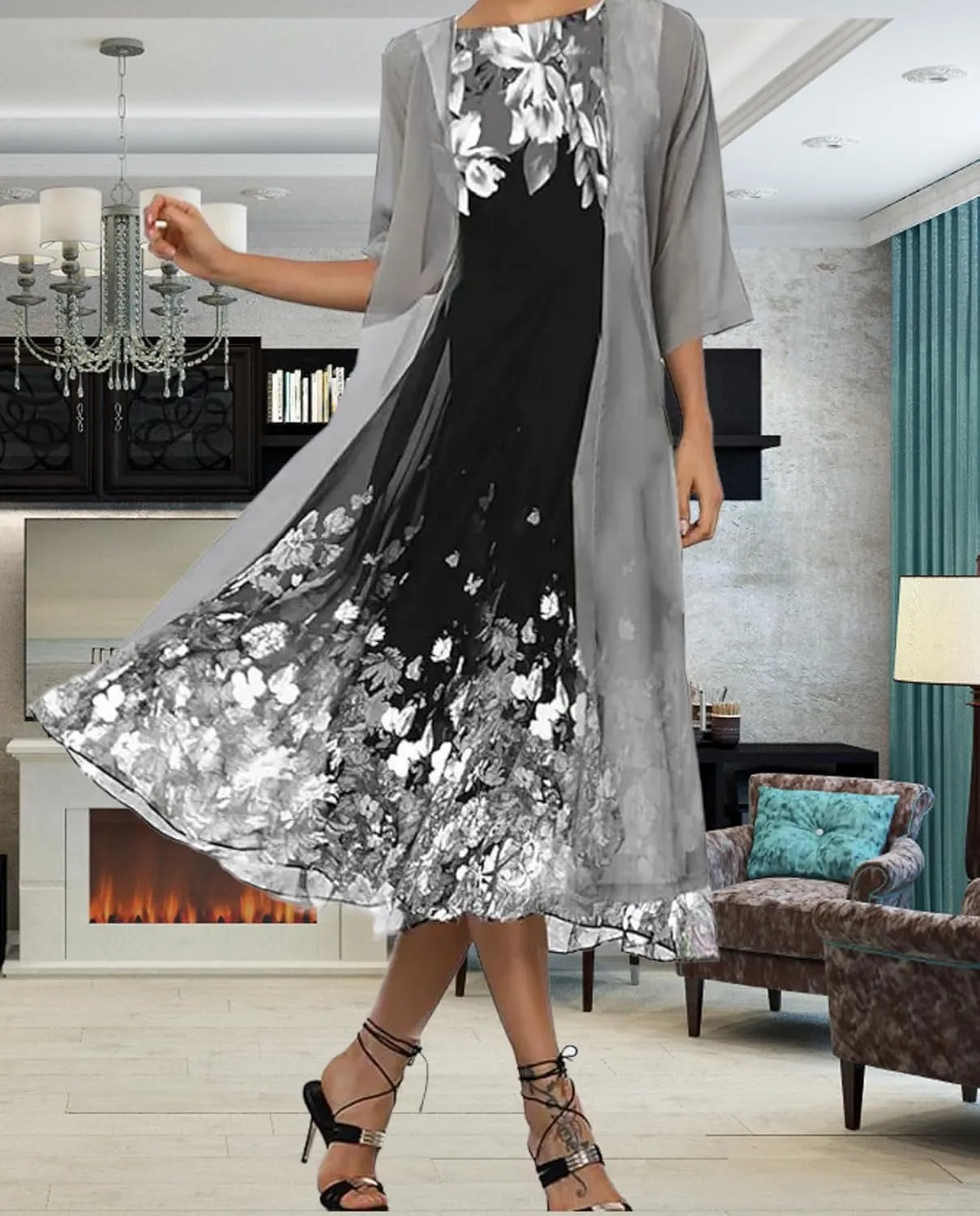 Women's Casual 2 Piece Sets Floral Printed Maxi Dress with Cardigan Set Chiffon Wedding Guest Cocktail Dresses