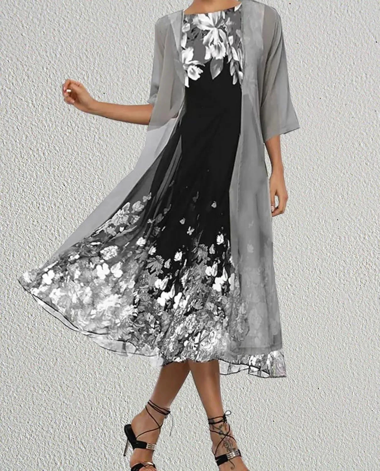Women's Casual 2 Piece Sets Floral Printed Maxi Dress with Cardigan Set Chiffon Wedding Guest Cocktail Dresses