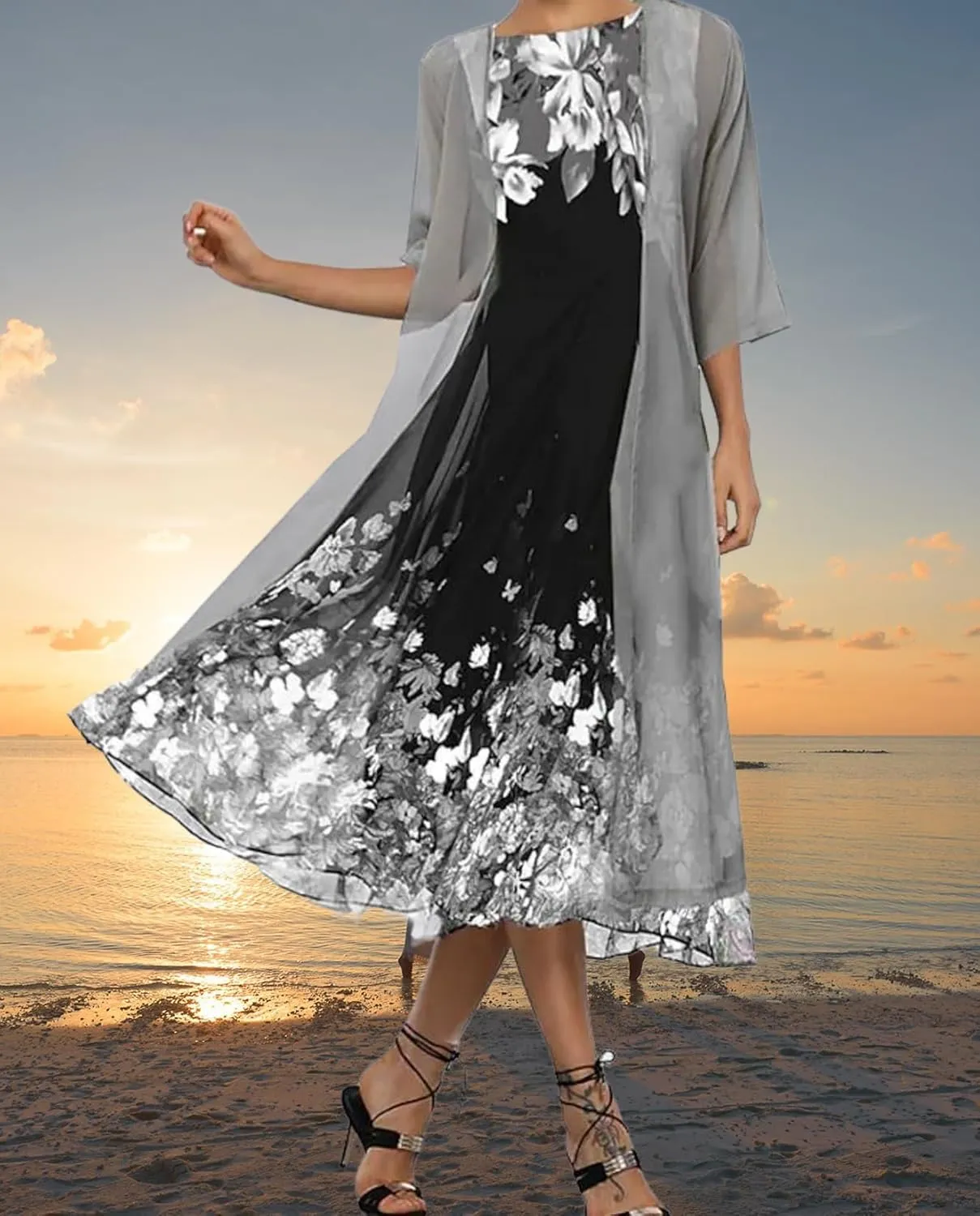 Women's Casual 2 Piece Sets Floral Printed Maxi Dress with Cardigan Set Chiffon Wedding Guest Cocktail Dresses
