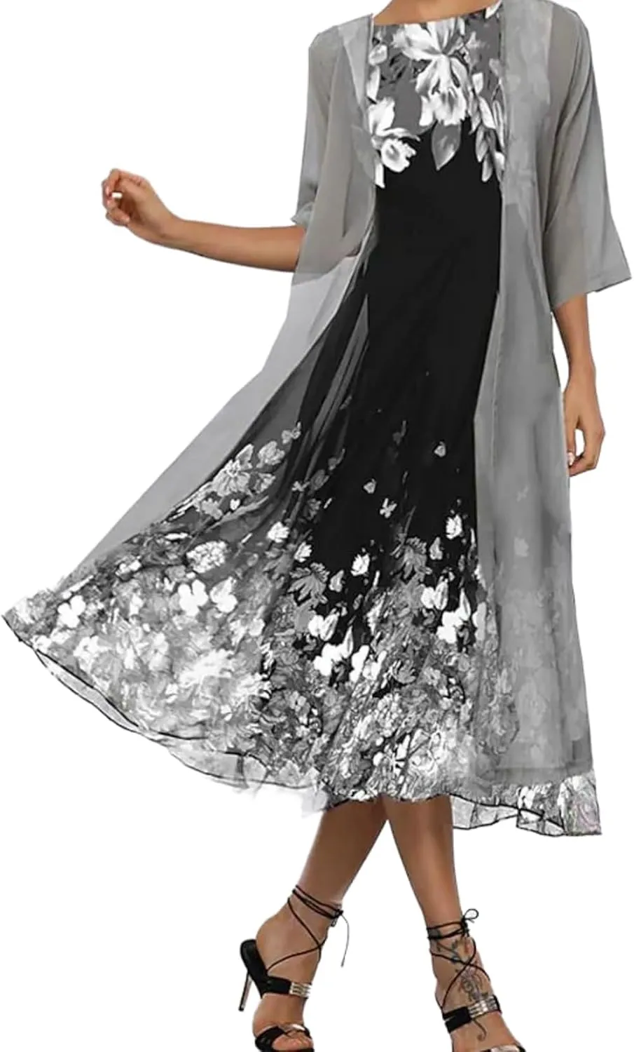 Women's Casual 2 Piece Sets Floral Printed Maxi Dress with Cardigan Set Chiffon Wedding Guest Cocktail Dresses