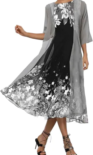 Women's Casual 2 Piece Sets Floral Printed Maxi Dress with Cardigan Set Chiffon Wedding Guest Cocktail Dresses