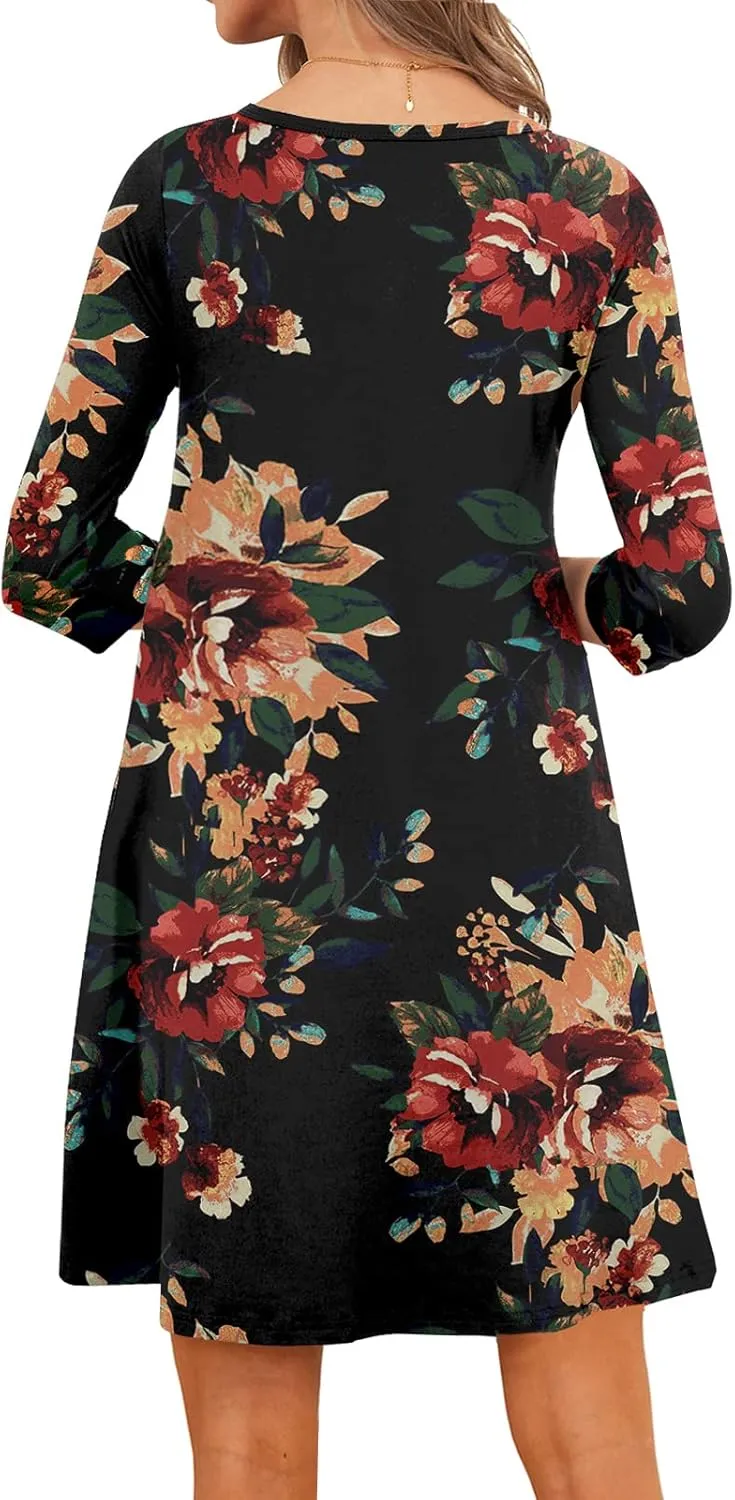Womens Casual 3/4 Sleeve Dresses Aline Crewneck Spring Tshirt Dress with Pocket