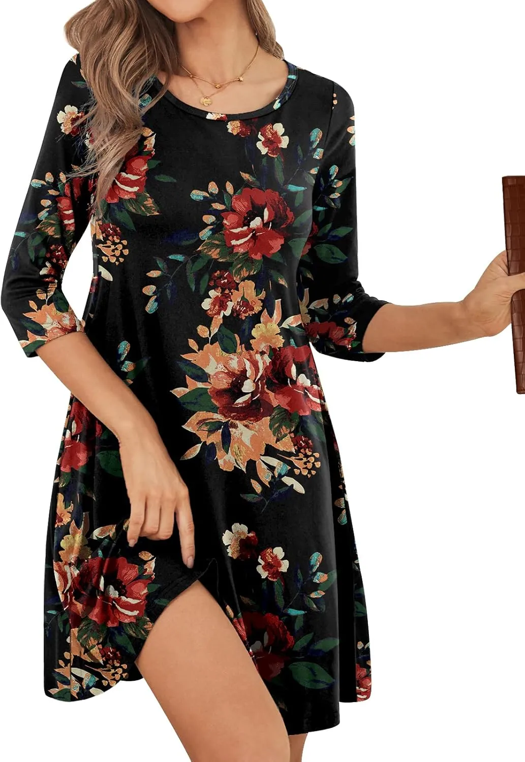 Womens Casual 3/4 Sleeve Dresses Aline Crewneck Spring Tshirt Dress with Pocket